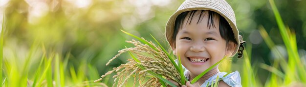 Un bambino sorridente che indossa un cappello e tiene un mucchio di piante di riso in un sole