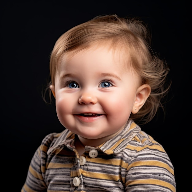 un bambino sorridente con gli occhi azzurri su sfondo nero