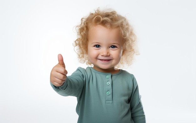 Un bambino sorridente con i capelli ricci che indossa un vestito verde con sopra la scritta "pollice in su".