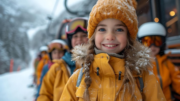 Un bambino sorridente con una giacca invernale gialla si gode la nevicata con gli amici, i felici momenti invernali catturati dall'intelligenza artificiale