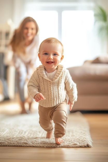 Un bambino sorridente, raggiante e orgoglioso, mentre muove i primi passi mentre una madre solidale osserva da dietro in un soggiorno luminoso e accoglientexA