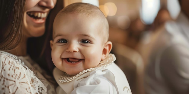 Un bambino sorridente tenuto da un padrino durante la cerimonia di battesimo