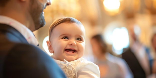 Un bambino sorridente tenuto da un padrino durante la cerimonia di battesimo