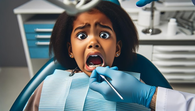 Un bambino spaventato in una sedia dentale odontoiatria per bambini