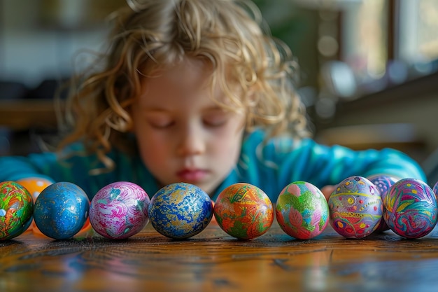 Un bambino sta decorando in modo creativo le uova di Pasqua con colori vivaci