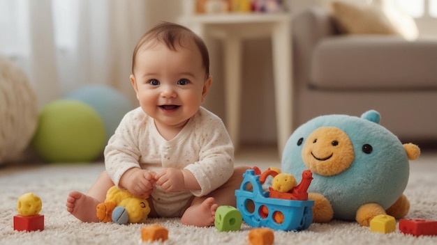 un bambino sta giocando con dei giocattoli e un mostro blu