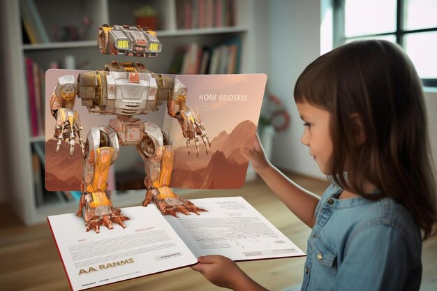 Un bambino sta leggendo un libro con un libro intitolato "il robot".