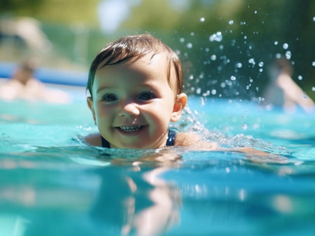 Un bambino sta nuotando in una piscina con la scritta "sul davanti".