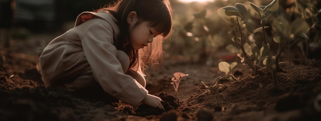 Un bambino sta piantando una piccola pianta nel terreno con lo sfondo del tramonto