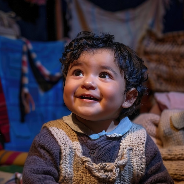 un bambino sta sorridendo e ha un maglione su di lui