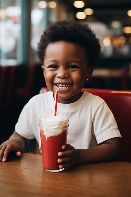 un bambino sta sorridendo mentre beve un frullato