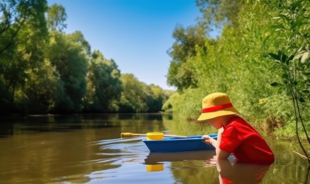 Un bambino su una barca su un fiume