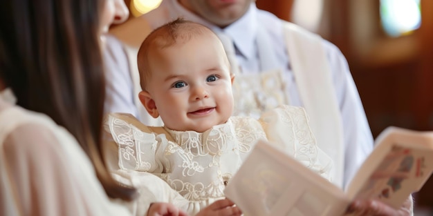 Un bambino tenuto dai genitori che indossano un abito di battesimo bianco con un prete o un membro del clero che esegue