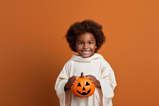un bambino tiene in mano una zucca su cui è scritto Halloween.