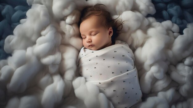 Un bambino tranquillo che dorme su una morbida coperta blu con un disegno di nuvole