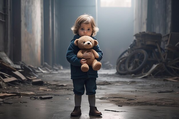 Un bambino triste che tiene in mano un peluche in primo piano