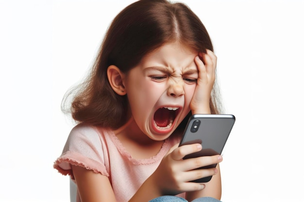 Un bambino urla emotivamente nello smartphone isolato su uno sfondo bianco