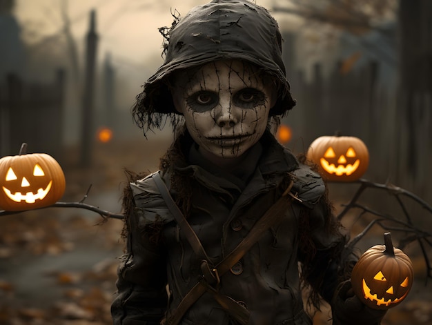 Un bambino vestito da spaventapasseri sta davanti alle zucche un fantasma di Halloween