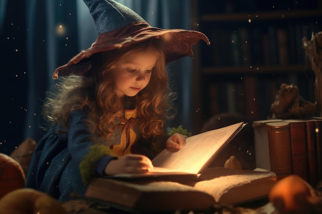 Un bambino vestito da strega apre un libro magico IA generativa