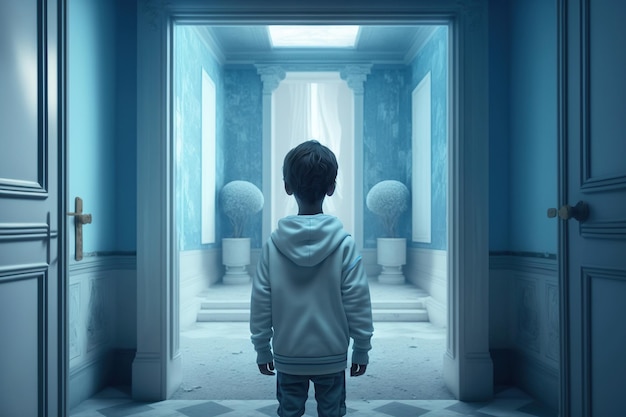 Un bambino vestito di blu è in piedi in una stanza monocromatica della marina