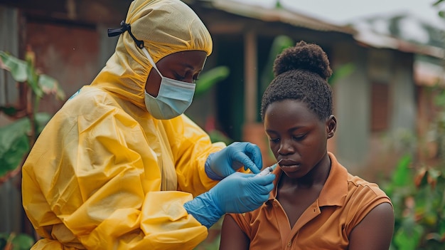 Un bambino viene iniettato fuori da un'infermiera nera che indossa una maschera mentre un uomo africano riceve cure mediche a casa