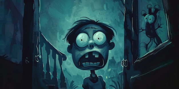 Un bambino zombie spaventoso e spaventoso dentro le rovine di una casa paura del concetto oscuro