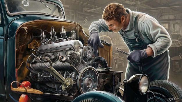 Un banchiere che ripara il motore di un'auto