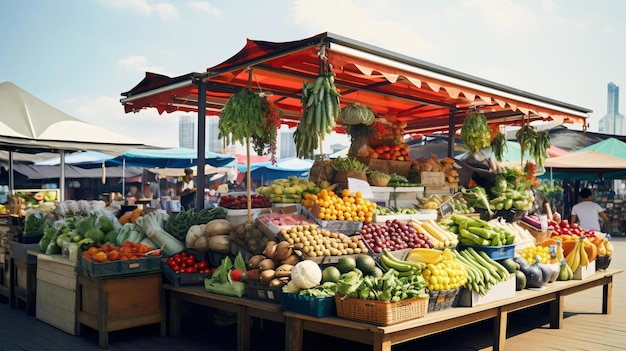 un banco di frutta con frutta e verdura