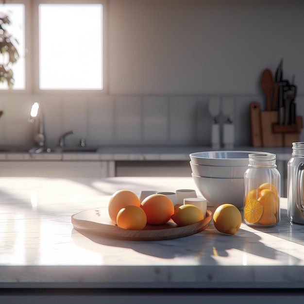 Un bancone della cucina con una ciotola di frutta e un barattolo di limoni.