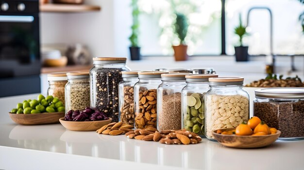 Un bancone di cucina ben organizzato con un assortimento di cereali integrali