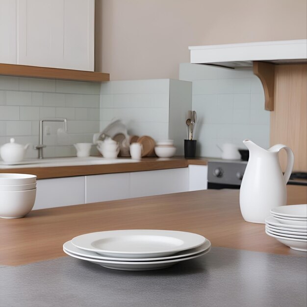 Un bancone di cucina con piatti e uno spazio vuoto in cucina per mostrare il tuo prodotto