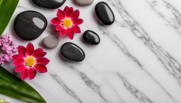 Un bancone di marmo con rocce e fiori