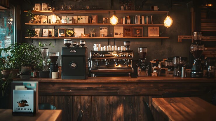 Foto un bancone di un bar di caffè in legno rustico con scaffali di una macchina da caffè riempiti di libri e lampadine appese