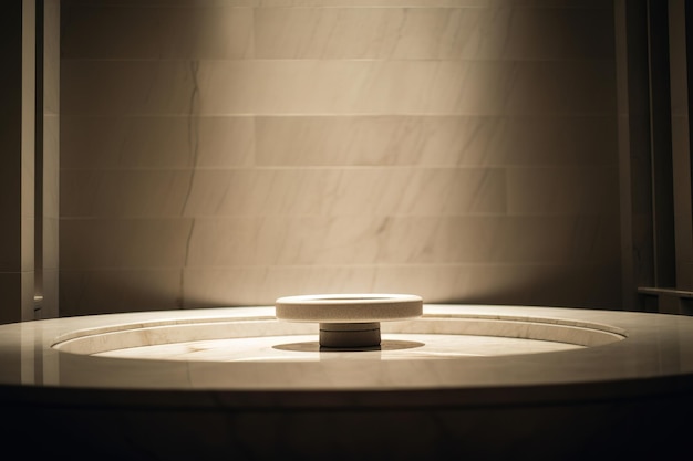 Un bancone in marmo con un bancone in marmo bianco e un oggetto rotondo al centro.
