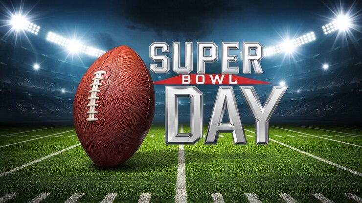 Un banner con il testo Super Bowl Day stadio di calcio pieno di tifosi