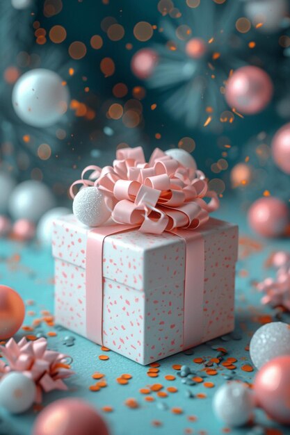 un banner promozionale con una scatola regalo elegante in 3D con nastri bianchi e pastello