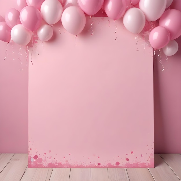un banner rosa con palloncini e uno sfondo rosa con spruzzi