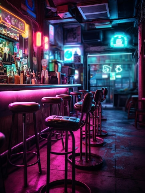 Un bar con insegne al neon che dicono "C'è sopra".