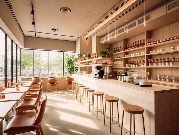 Un bar con sgabelli di legno e uno scaffale pieno di caffè.