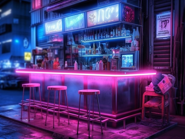 Un bar con un'insegna al neon che dice "vecchiaia".