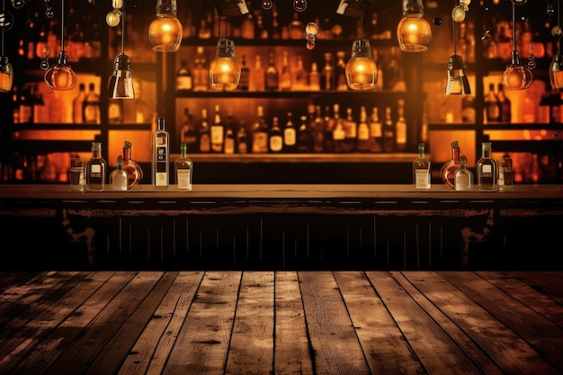 Un bar con un tavolo di legno e luci sopra