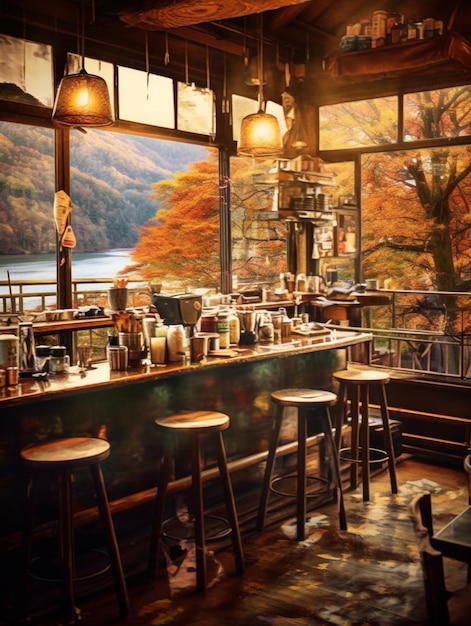 Un bar con vista lago e alberi sullo sfondo.