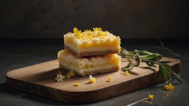 Un bar di limoni posto su un bancone di marmo accanto a un bouquet di fiori freschi