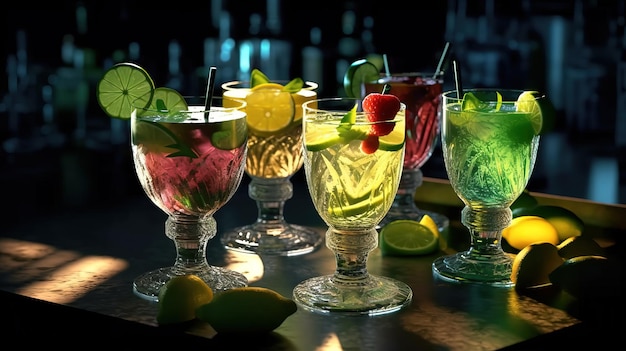 Un bar pieno di cocktail colorati tra cui lime, lampone e lime.