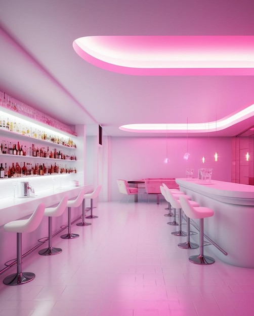 Un bar rosa con soffitto rosa e sgabelli da bar.