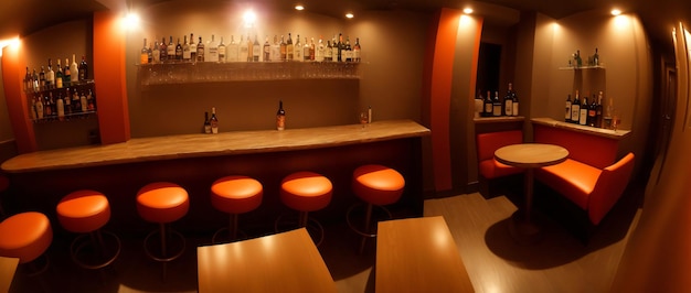 Un bar scarsamente illuminato con sgabelli arancione