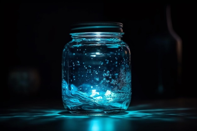 Un barattolo d'acqua è pieno di liquido blu.