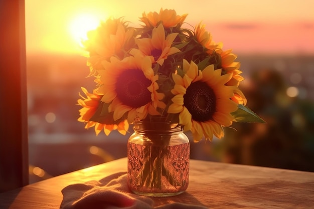 Un barattolo di girasoli si trova su un tavolo con il sole che tramonta dietro di esso.