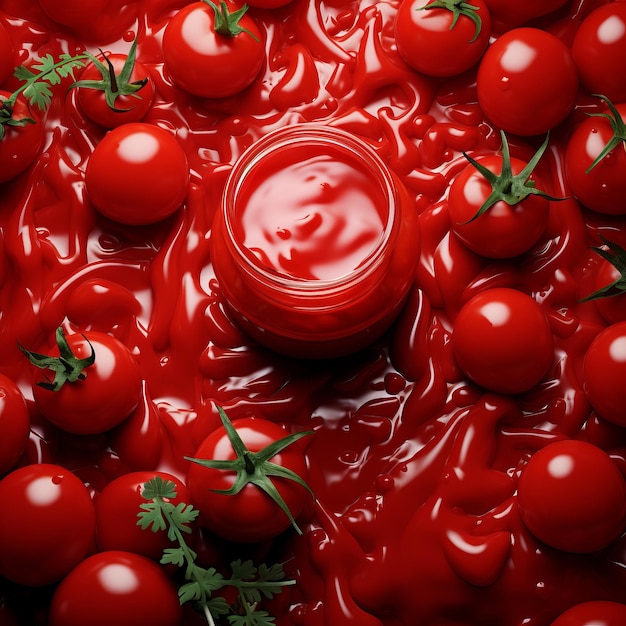 un barattolo di ketchup circondato da pomodori