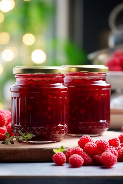 Un barattolo di marmellata di lamponi e bacche fresche con foglie su un tronco di pino.